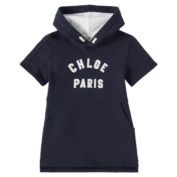 NEW Chloe Kids Paris Logo Hooded Knit Dress Navy Blue Cotton Girls Size 4 Luxury